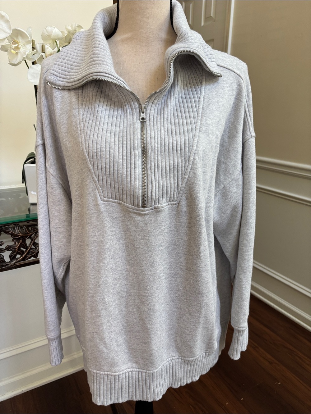 aerie Light Heather Gray Ribbed Half-Zip Funnel Neck Sweatshirt size Medium